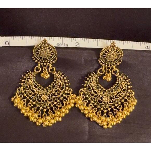Bollywood Desi Boho Oxidized Gold Tone Jhumka Earrings - Picture 2 of 4